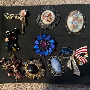 Vintage Brooch Lot – 9 Pieces – Rhinestone, Enamel, Porcelain, Statement Pins